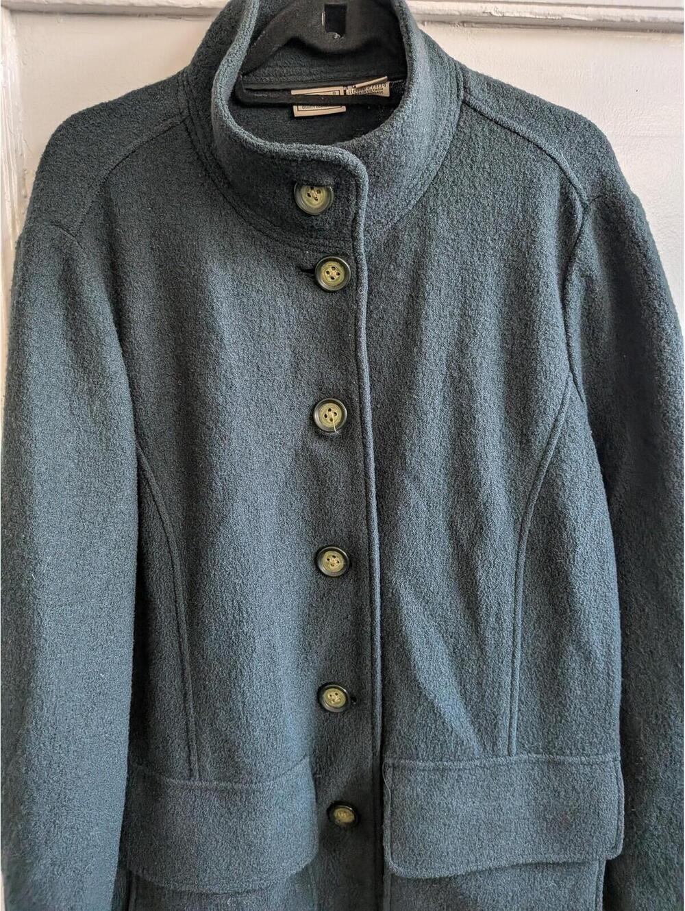 L.L. Bean Coat Womens 1X Green Wool Fleece Lined Button Front Pockets Mid Length - Picture 2 of 6
